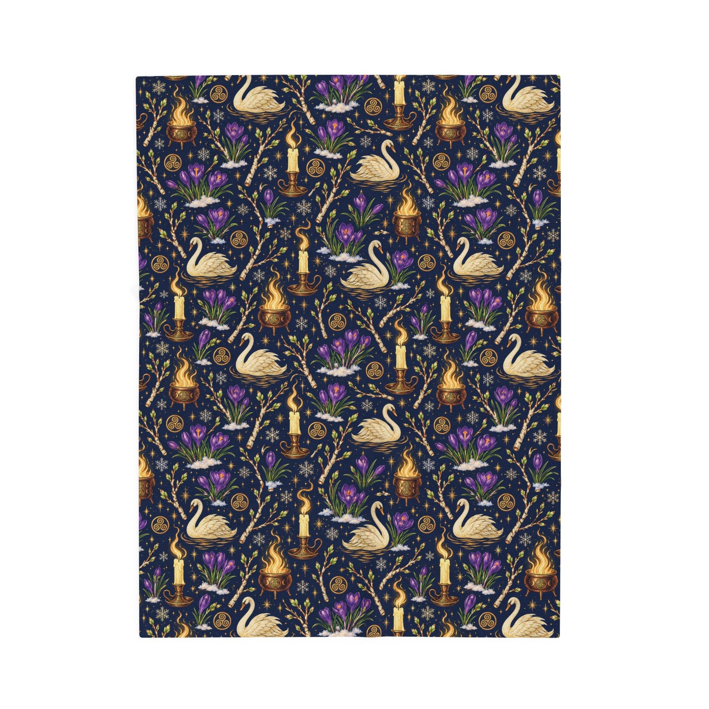 Imbolc Swan & Crocus Velveteen Plush Blanket – Lightweight Candlelit Pagan Throw - Divine Mystic Moons