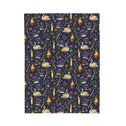 Imbolc Swan & Crocus Velveteen Plush Blanket – Lightweight Candlelit Pagan Throw - Divine Mystic Moons