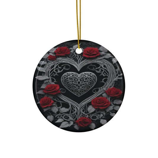 Gothic Heart Ceramic Ornaments - Black Silver Rose Design - Witchy Home Decor - Holiday Ornament Set - 1/3/5/10 pieces