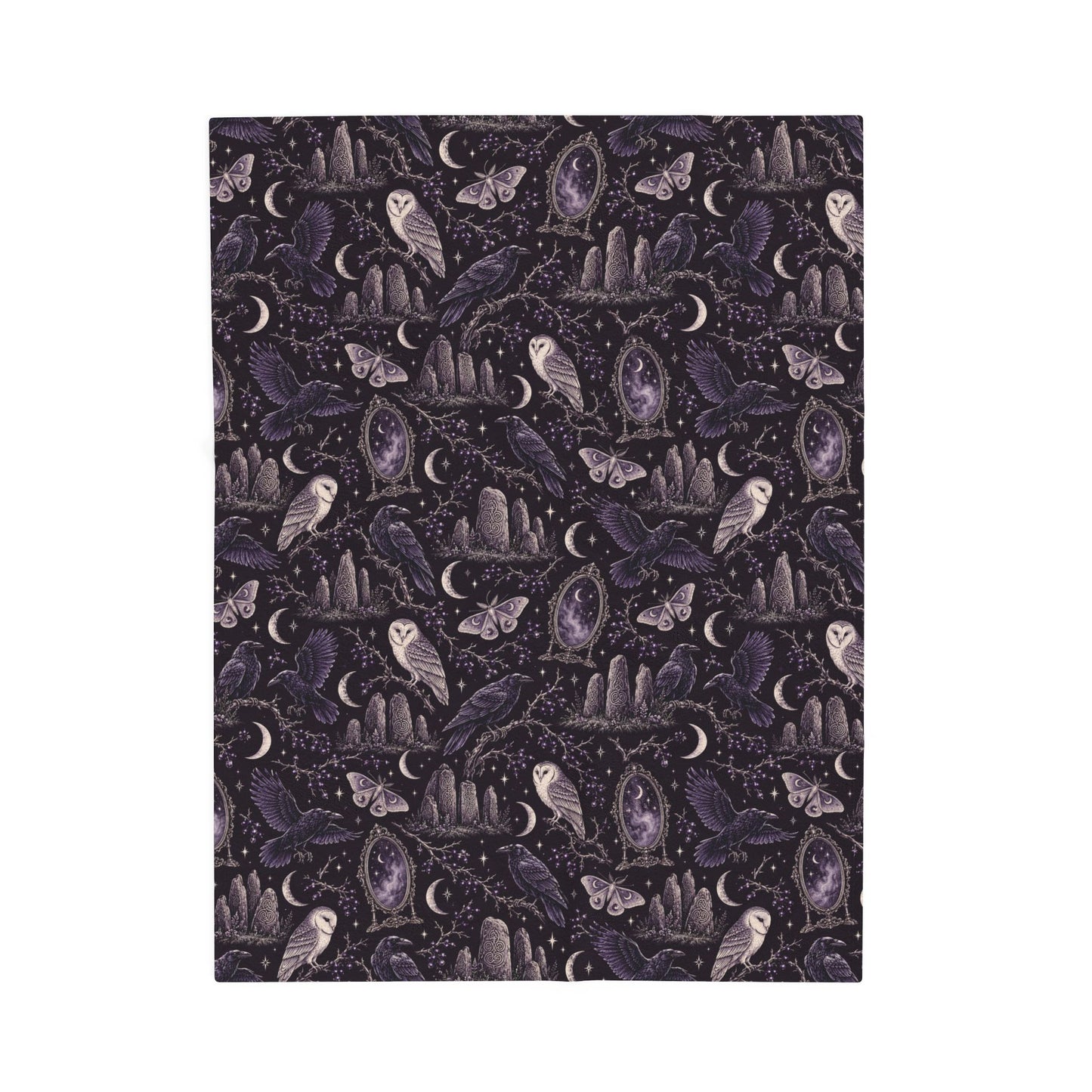 Gothic Raven & Owl Velveteen Plush Blanket – Lightweight Purple Moon and Moth Throw