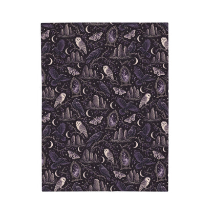 Gothic Raven & Owl Velveteen Plush Blanket – Lightweight Purple Moon and Moth Throw