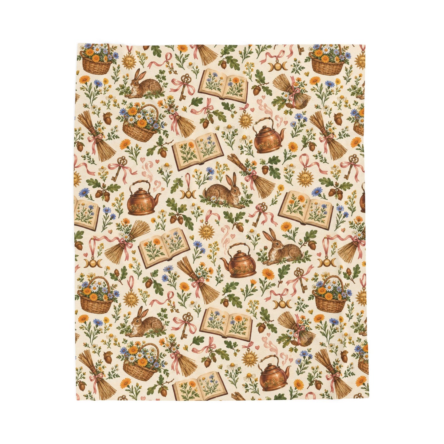 Ostara Rabbit & Wildflower Velveteen Plush Blanket – Lightweight Cottage Witch Throw