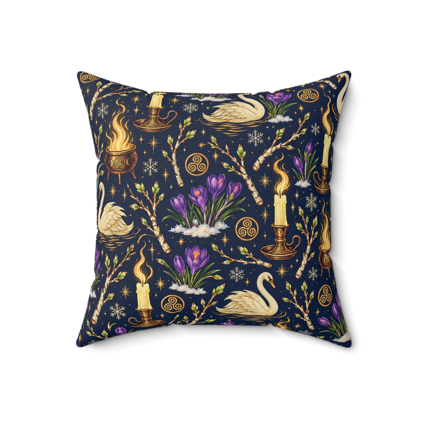 Imbolc Swan & Crocus Faux Suede Pillow – Candlelit Pagan Spring Decor