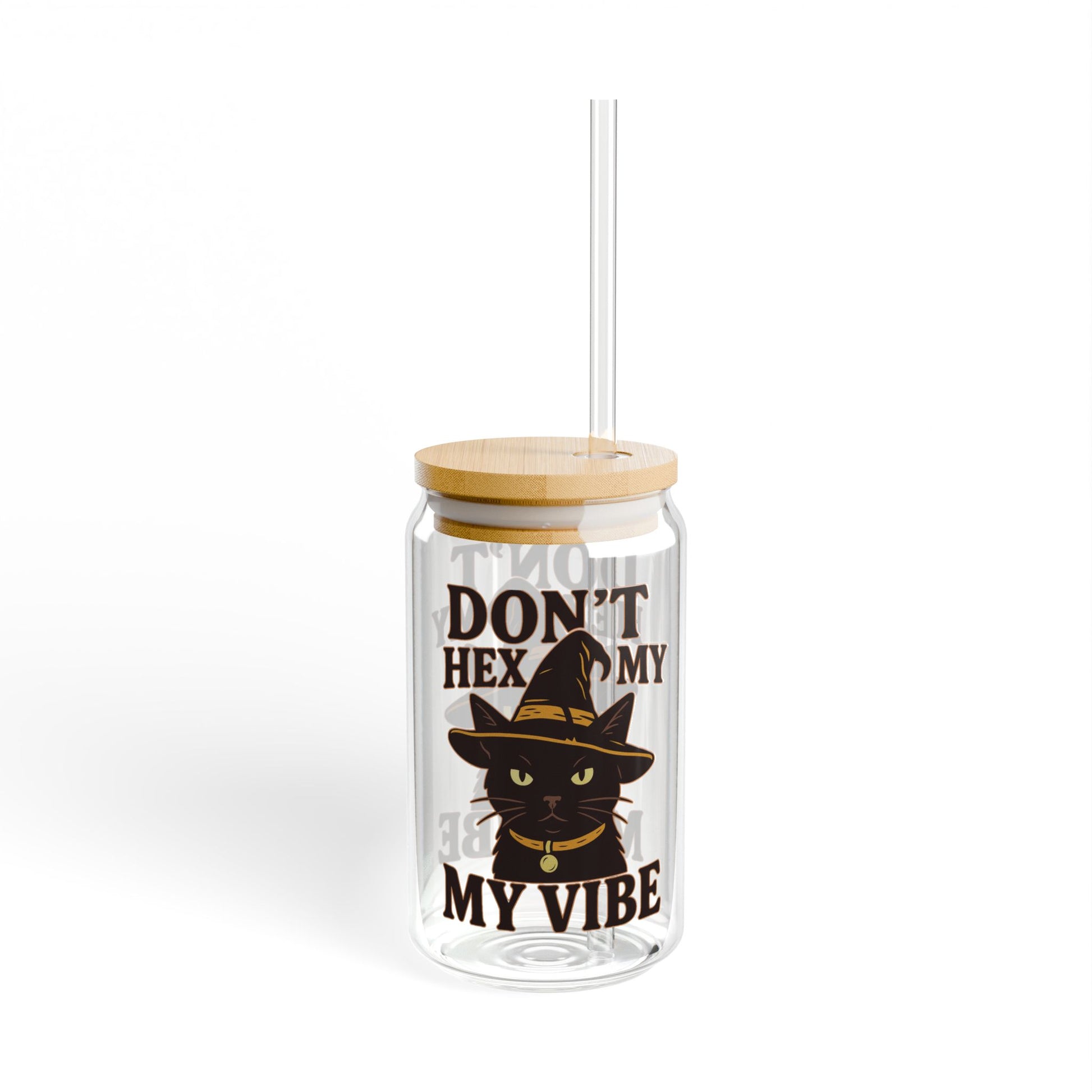 Dont Hex My Vibe Glass Tumbler 16oz Witchy Cat Iced Coffee Cup with Bamboo Lid & Straw, Funny Goth Drinkware, Halloween Sassy Gift - Divine Mystic Moons