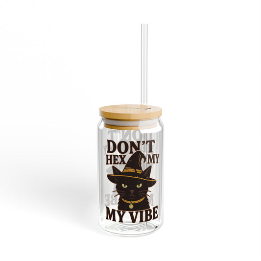Dont Hex My Vibe Glass Tumbler 16oz Witchy Cat Iced Coffee Cup with Bamboo Lid & Straw, Funny Goth Drinkware, Halloween Sassy Gift - Divine Mystic Moons
