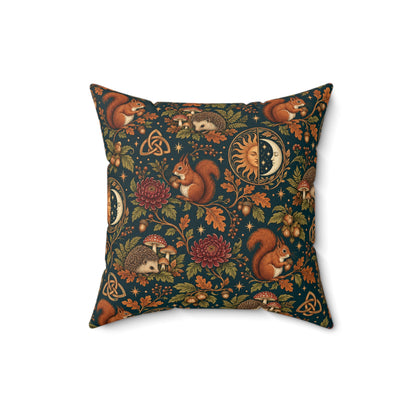 Mabon Squirrel & Hedgehog Faux Suede Pillow – Autumn Woodland Sun & Moon Decor - Divine Mystic Moons