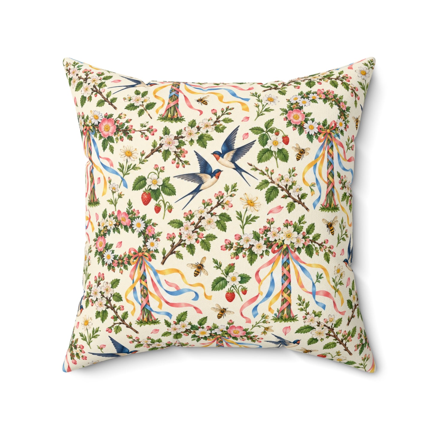 Beltane Maypole & Swallow Faux Suede Pillow – Floral Spring Witch Decor