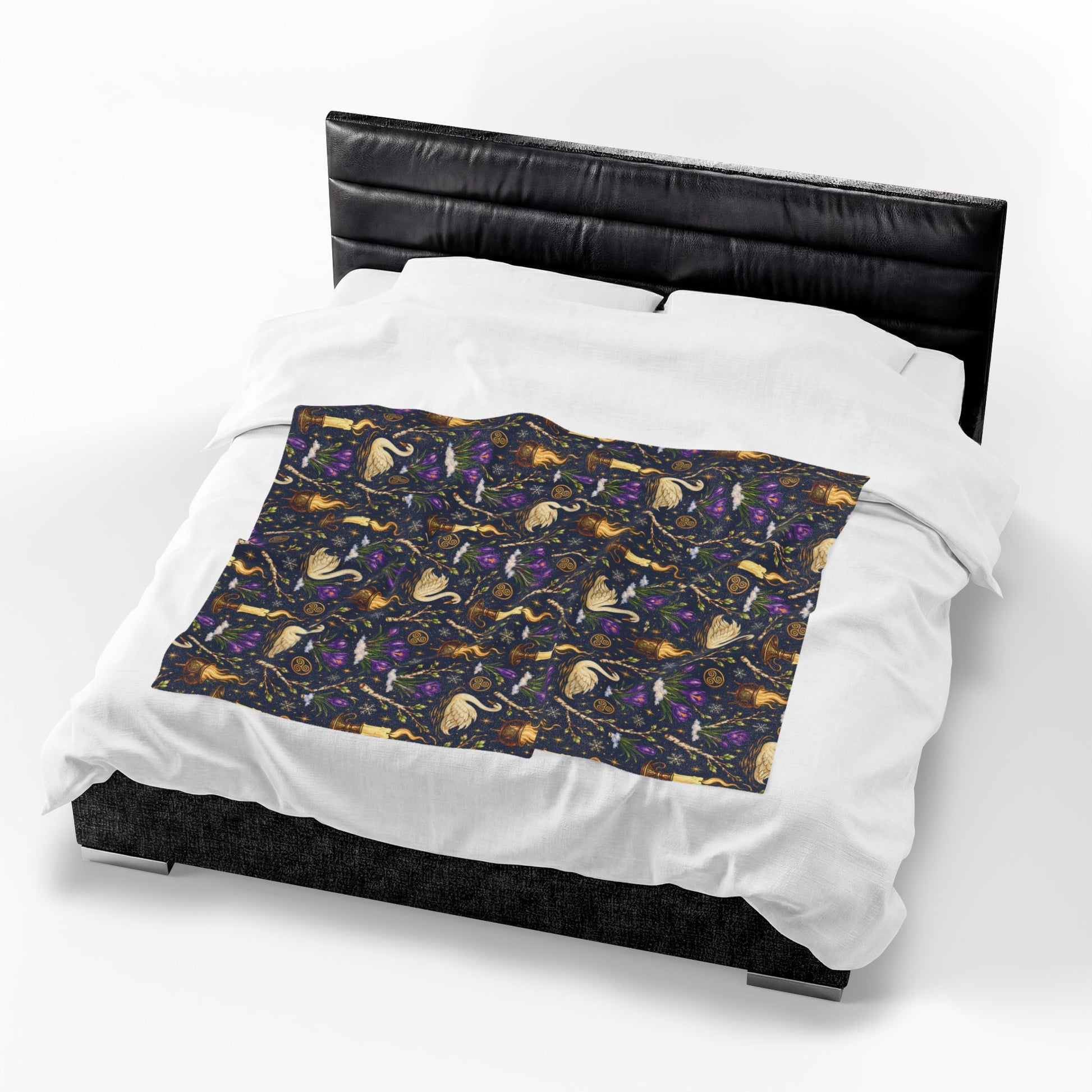 Imbolc Swan & Crocus Velveteen Plush Blanket – Lightweight Candlelit Pagan Throw - Divine Mystic Moons