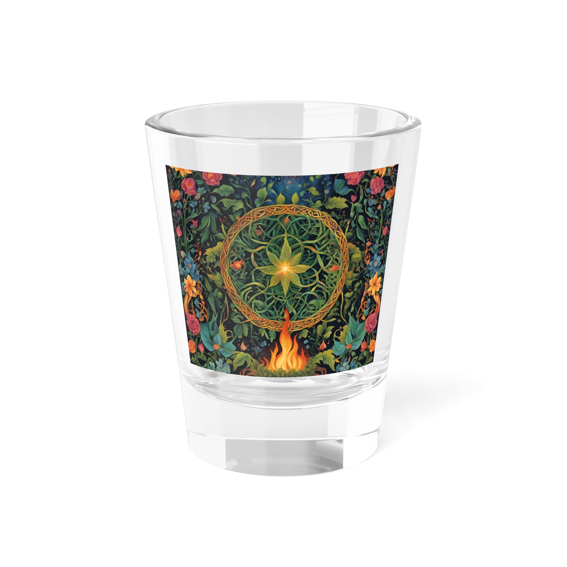 Green Witch Fire Ritual Shot Glass Celtic Knot Floral Design, Nature Magic Barware, Pagan Altar Cup, Herbal Witch Drinkware - Divine Mystic Moons