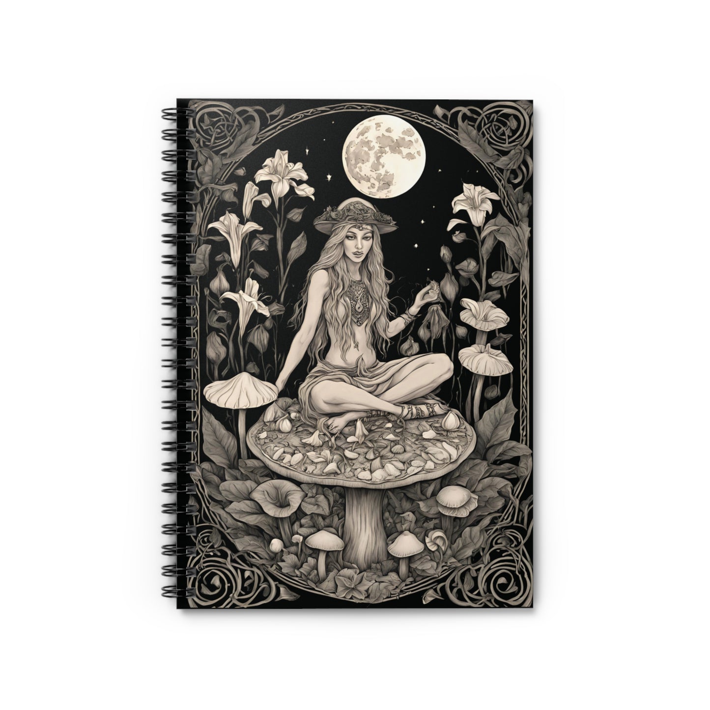 Moon Goddess Notebook – Witchy Mushroom Journal, Gothic Forest Fairy Sketchbook, Divine Feminine Spiral Bound Grimoire Gift - Divine Mystic Moons