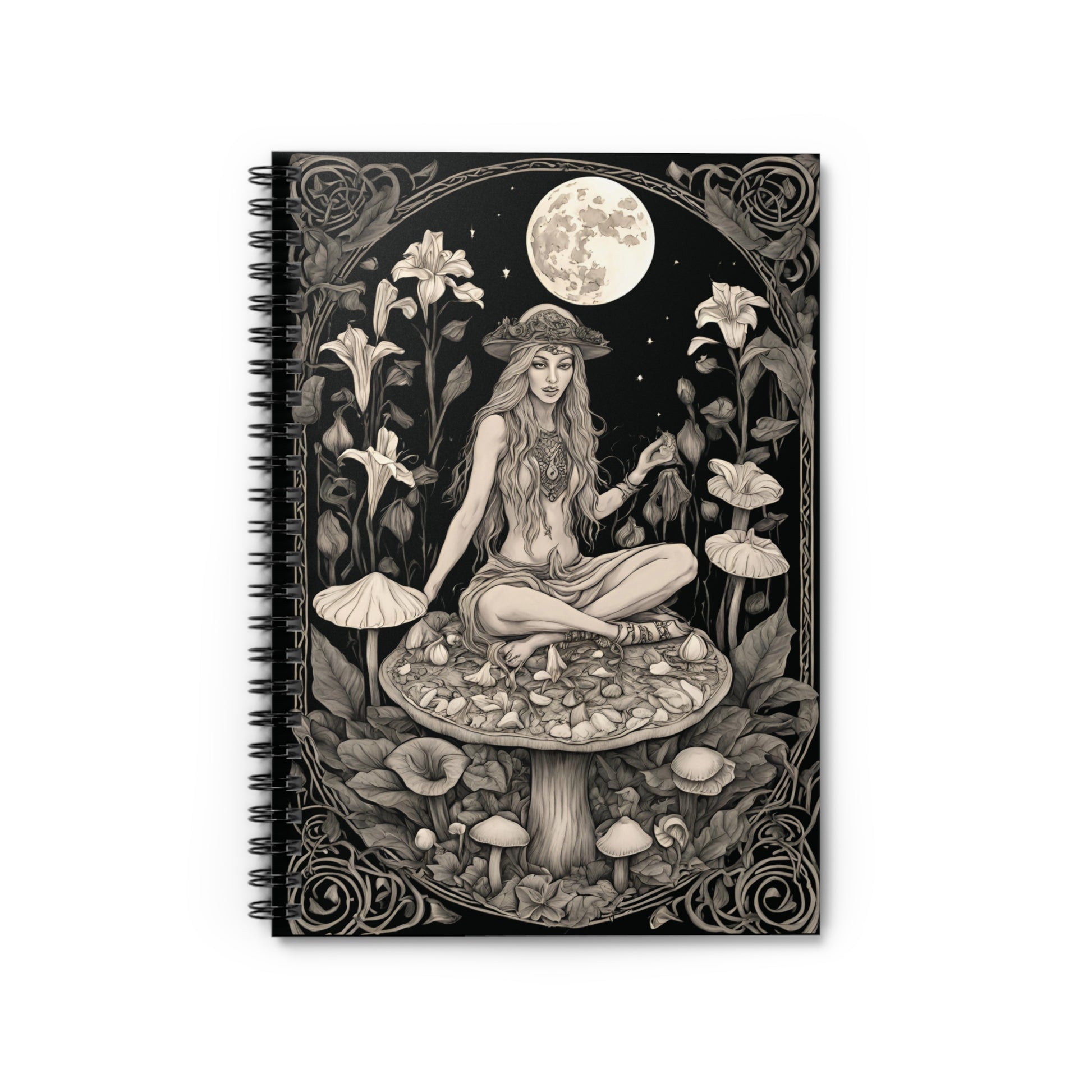 Moon Goddess Notebook – Witchy Mushroom Journal, Gothic Forest Fairy Sketchbook, Divine Feminine Spiral Bound Grimoire Gift - Divine Mystic Moons