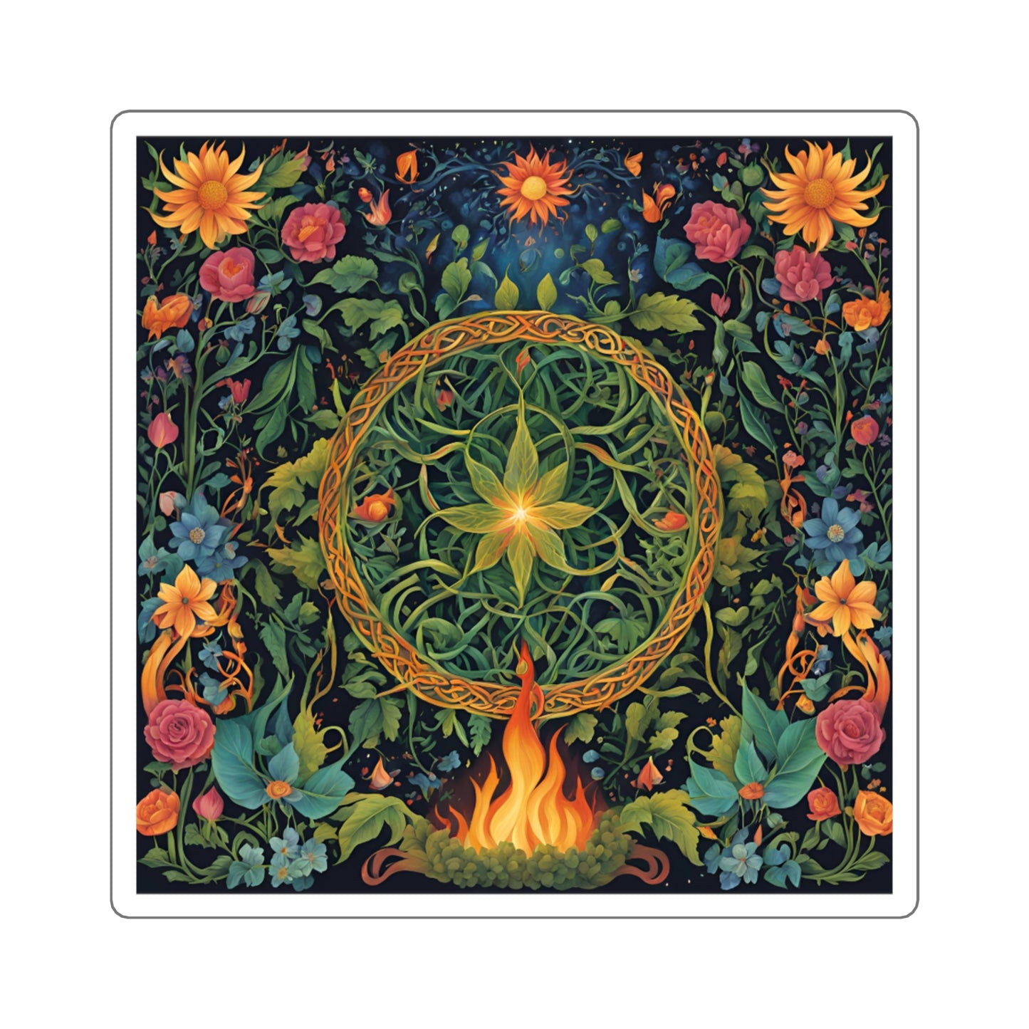 Celtic Fire Wheel Sticker – Beltane or Litha Sabbat Vinyl Sticker, Pagan Midsummer Sun Ritual Art, Wiccan Wheel of the Year DecorBoho Laptop Decals, Floral Art Sticker, Witchy Home Decor, Gift for Witch's, Spiritual Decor - Divine Mystic Moons