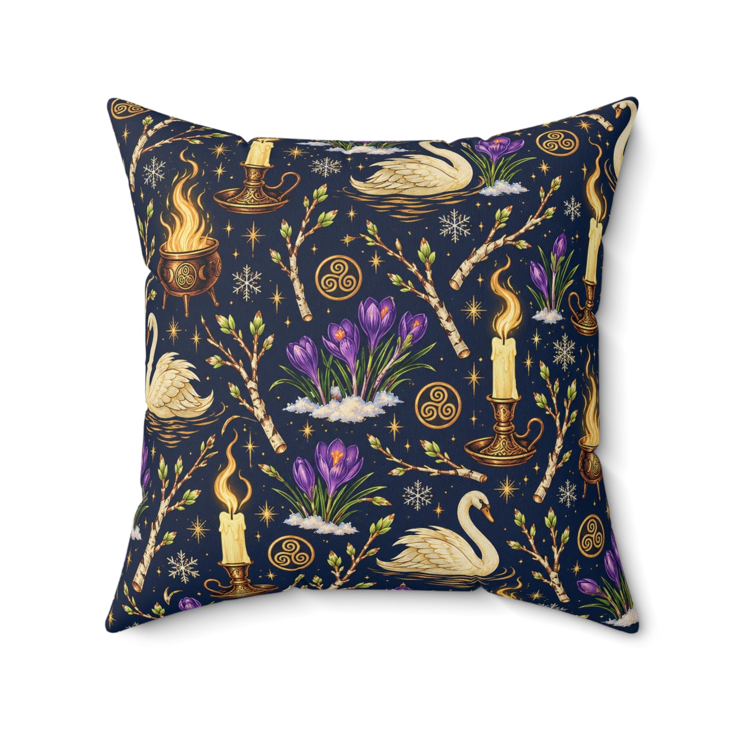Imbolc Swan & Crocus Faux Suede Pillow – Candlelit Pagan Spring Decor