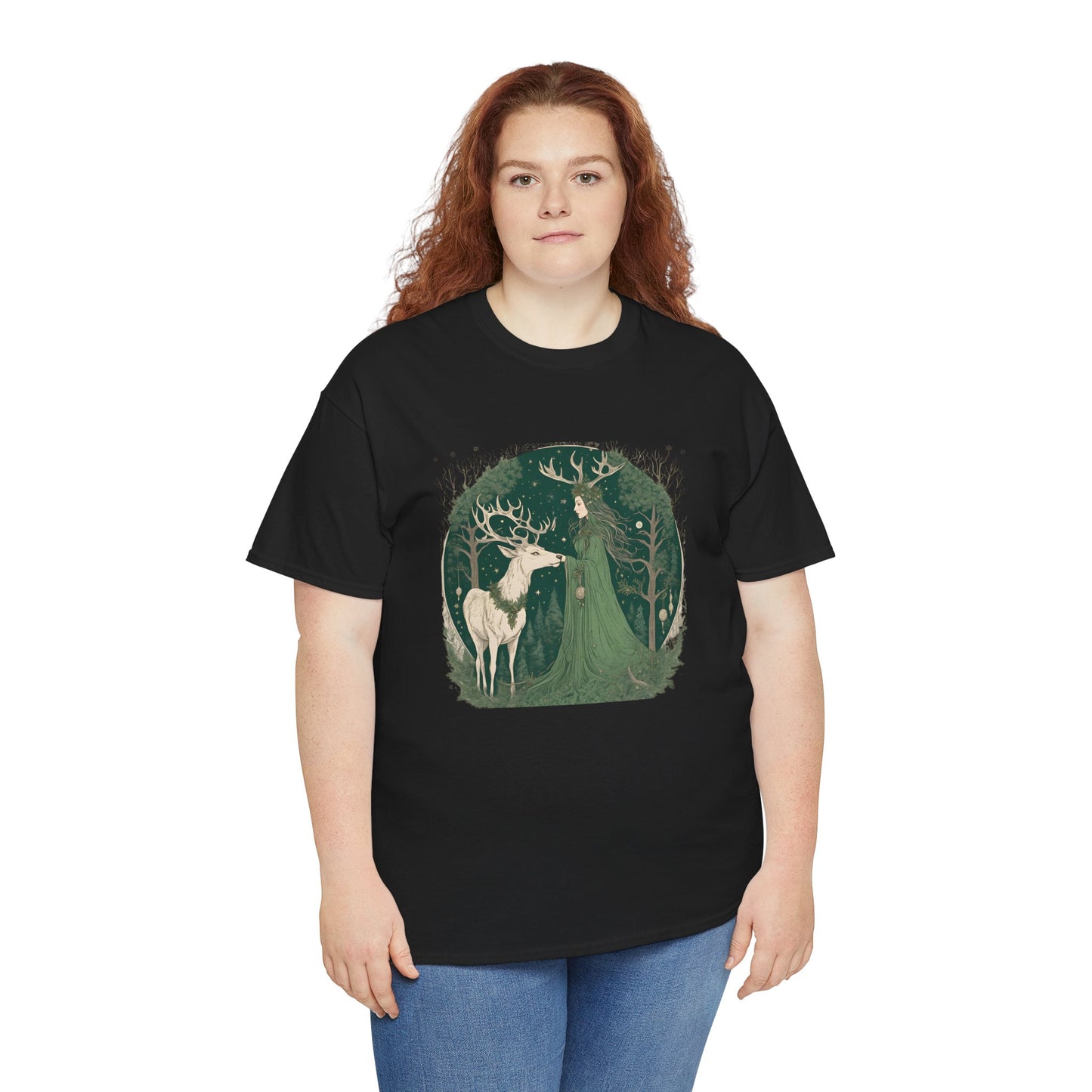 Forest Goddess Yule T-Shirt – Celtic Stag & Witchy Woman Shirt, Pagan Winter Solstice Tee, Wiccan Sabbat Nature Spirit Gift - Divine Mystic Moons