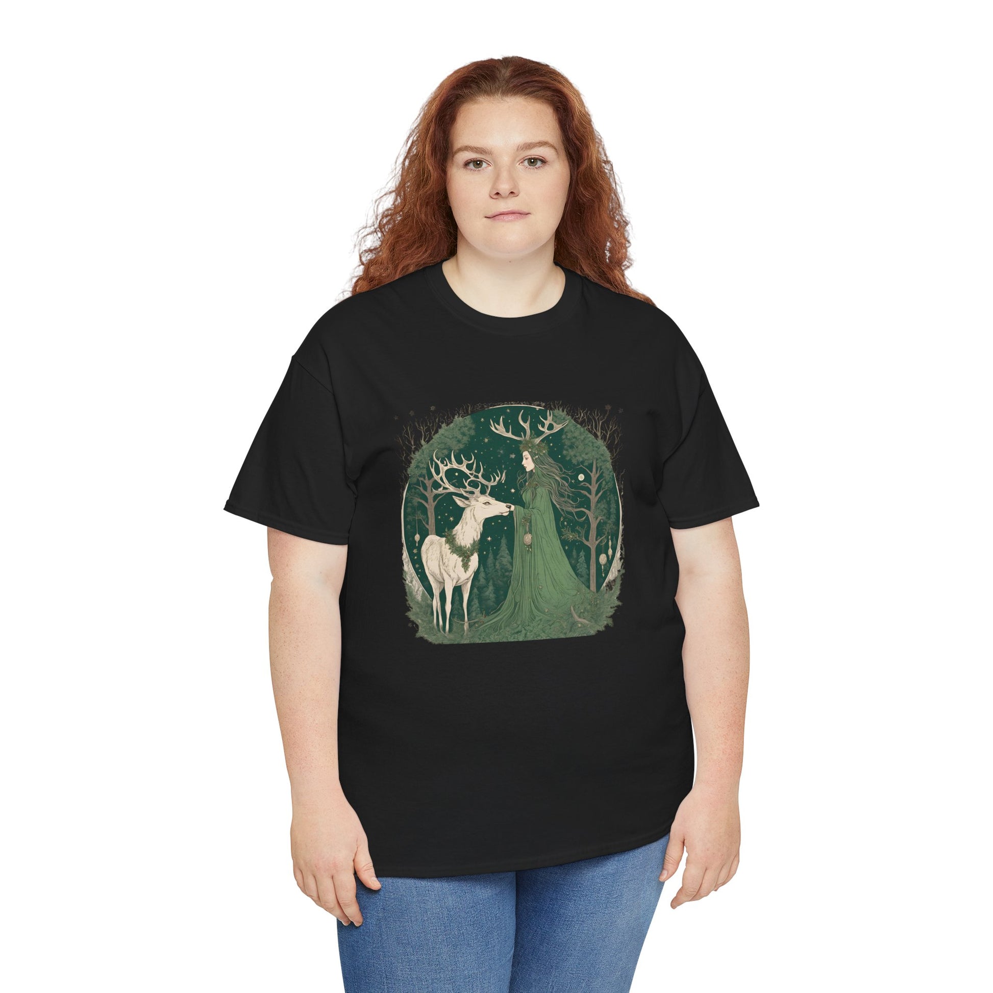 Forest Goddess Yule T-Shirt – Celtic Stag & Witchy Woman Shirt, Pagan Winter Solstice Tee, Wiccan Sabbat Nature Spirit Gift - Divine Mystic Moons