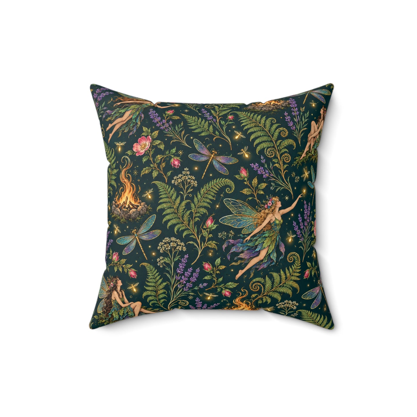 Beltane Fairy & Dragonfly Faux Suede Pillow | Enchanted Woodland Pagan Decor