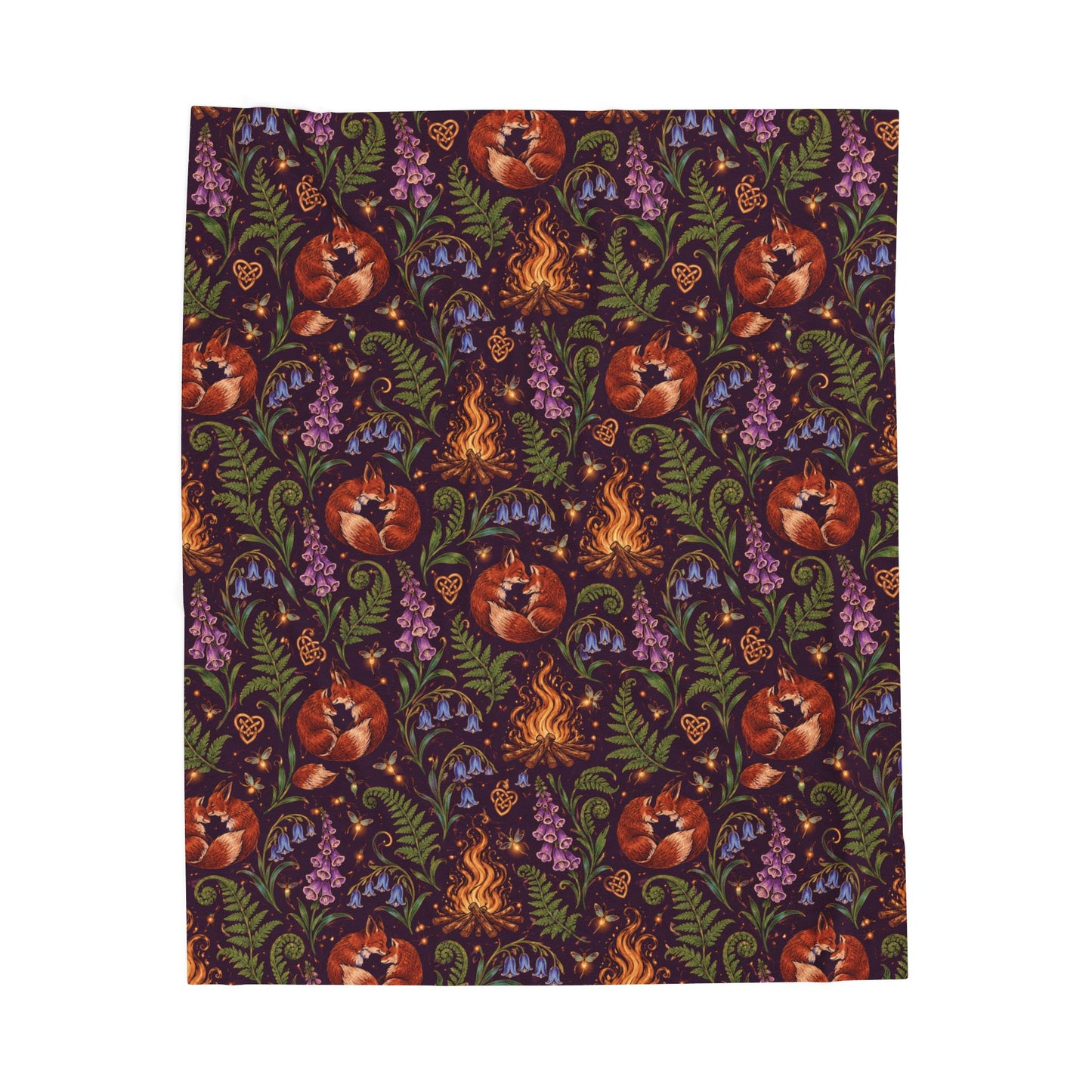 Beltane Fox & Bonfire Velveteen Plush Blanket – Lightweight Purple Woodland Throw - Divine Mystic Moons
