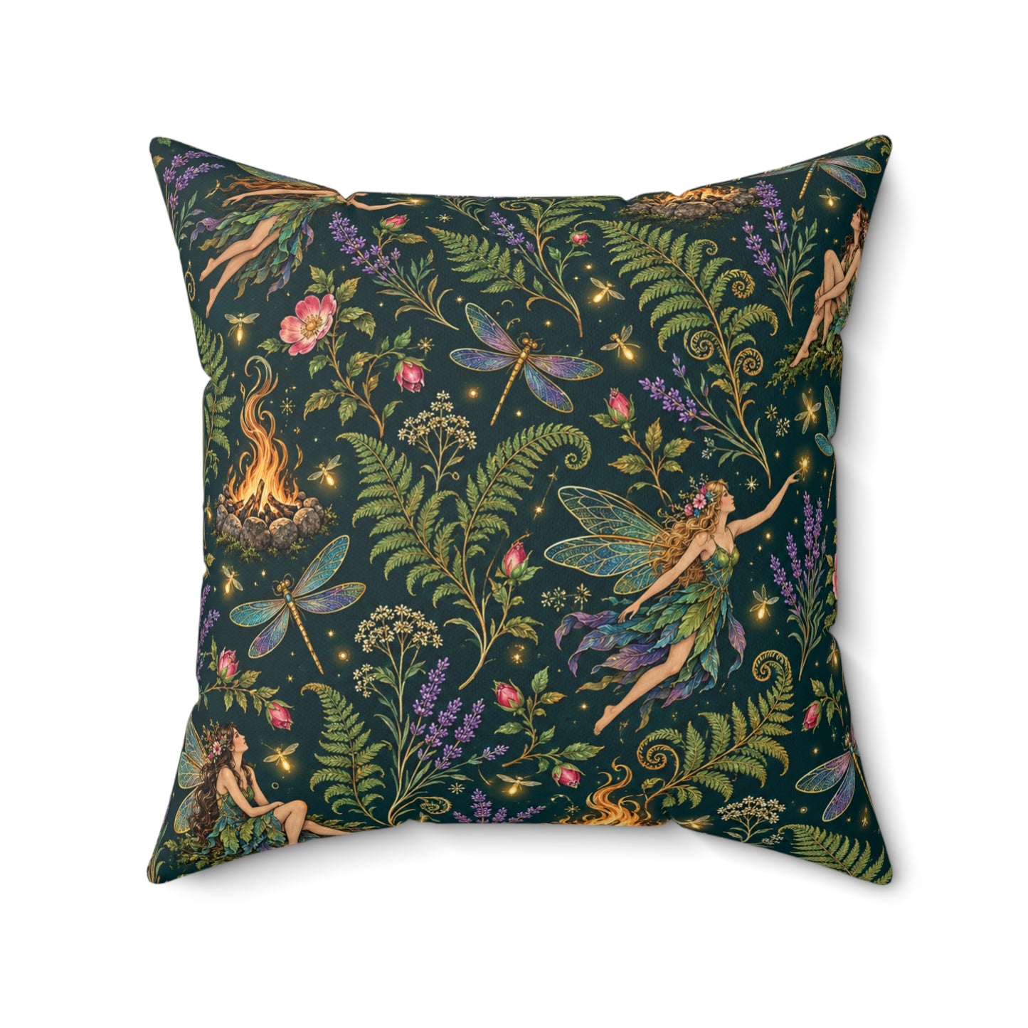 Beltane Fairy & Dragonfly Faux Suede Pillow | Enchanted Woodland Pagan Decor