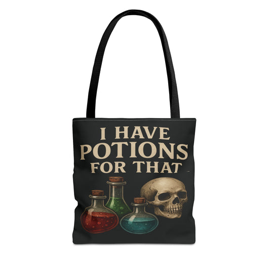 I Have Potions For That Witch Tote Bag Gothic Skull and Potion Bottle Purse, Spooky Witchy Market Bag, Halloween Pagan Gift - Divine Mystic Moons