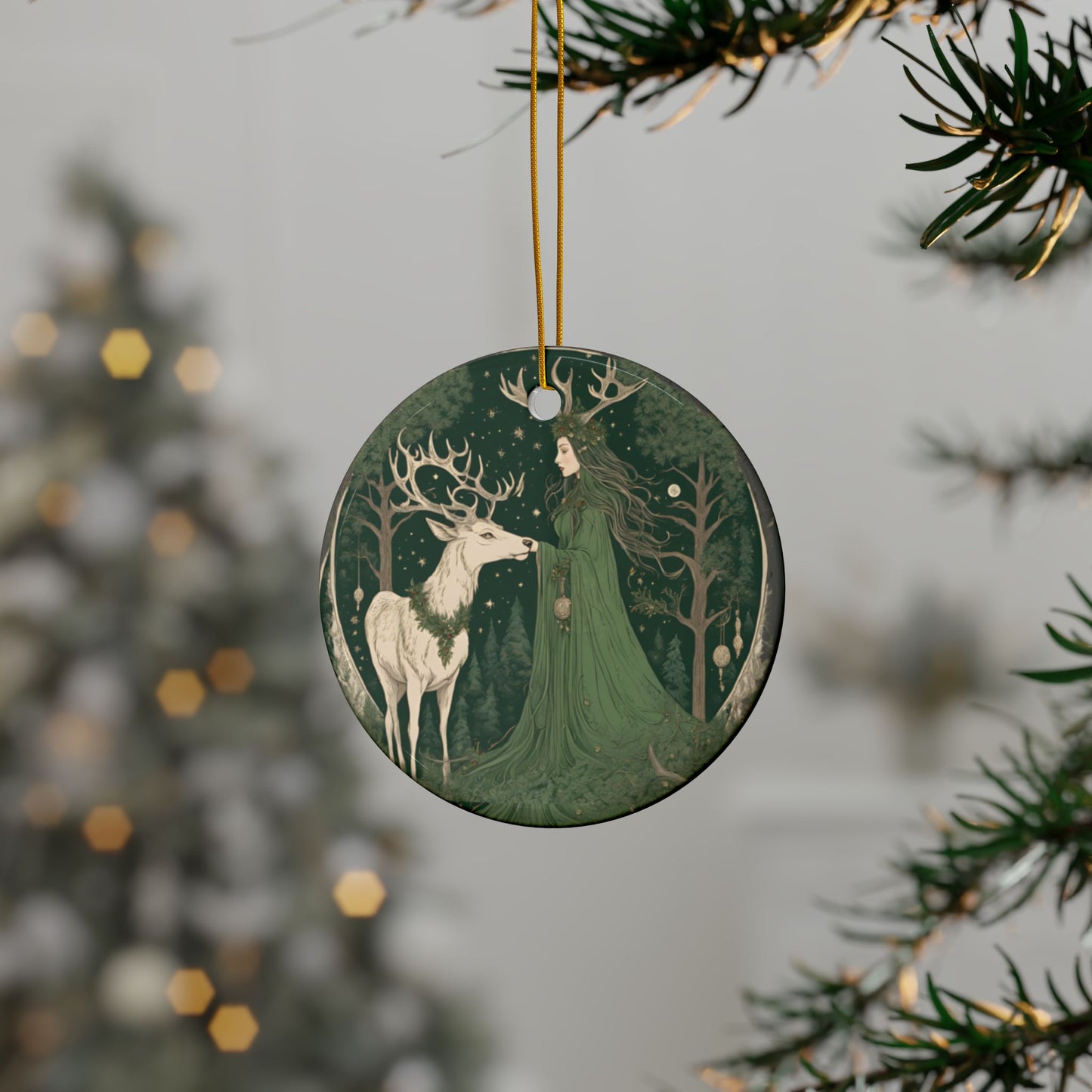 Woodland Enchantress & White Stag Yule Ornament