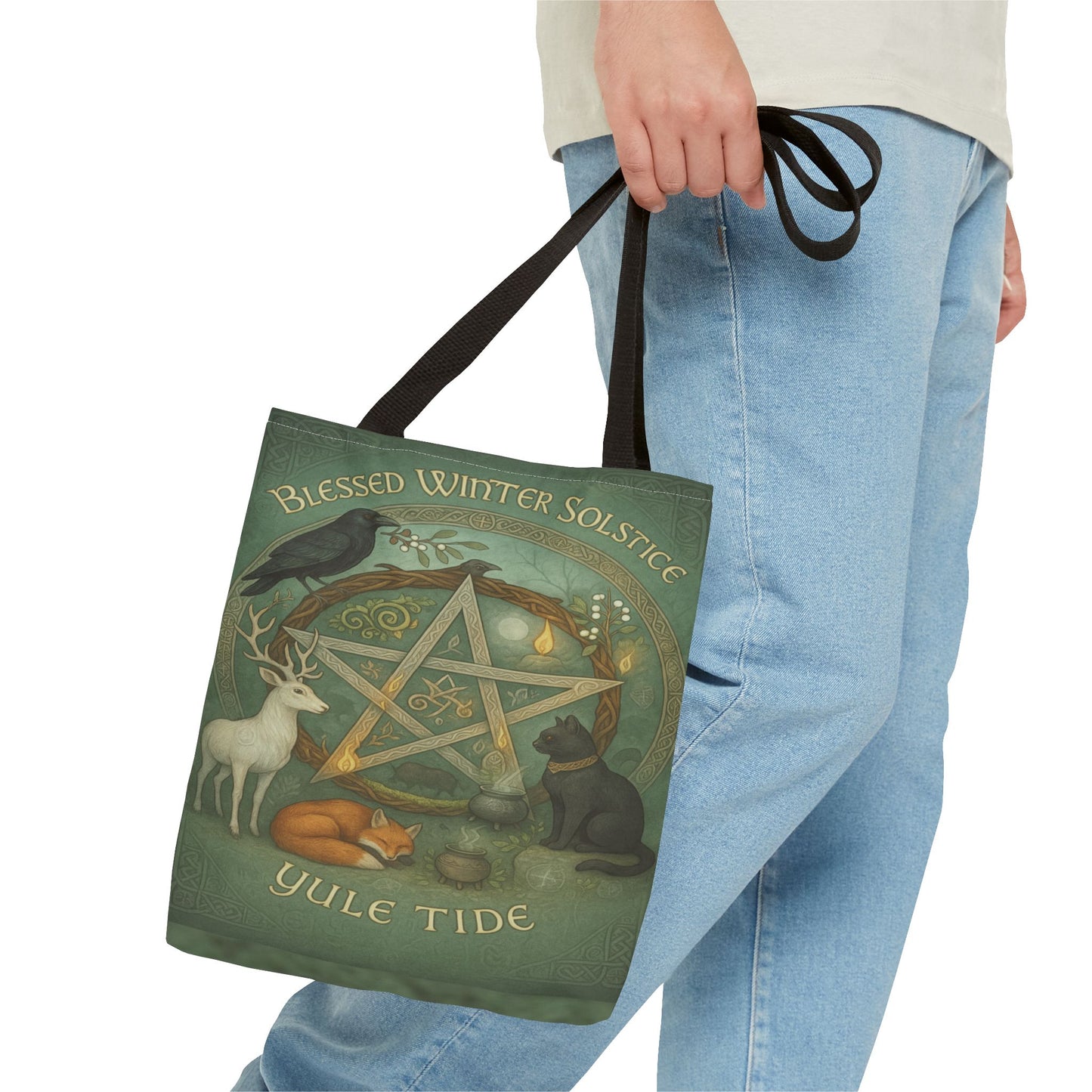 Blessed Winter Solstice Tote Bag – Yule Tide Pentacle Forest Animal Bag, Pagan Witch Gift, Celtic Wiccan Yule Sabbat Tote - Divine Mystic Moons