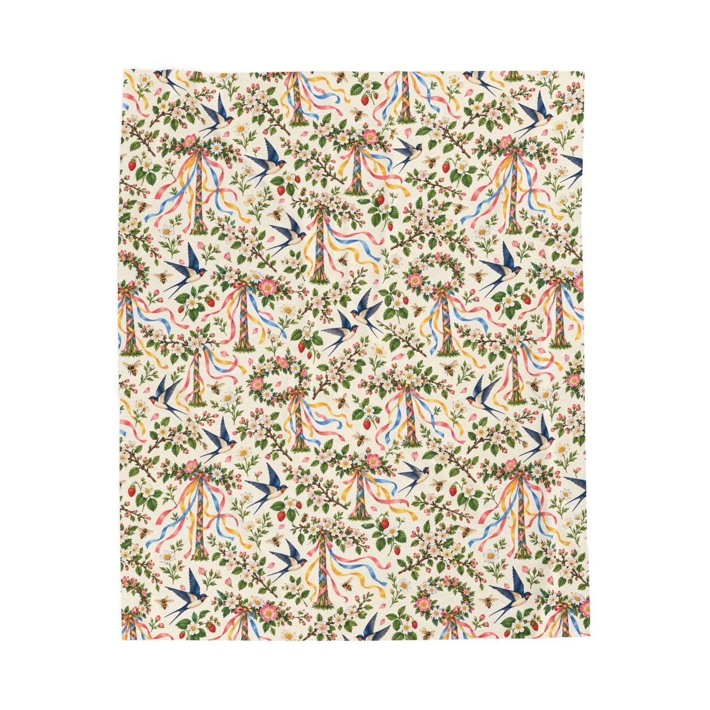Beltane Maypole & Swallow Velveteen Plush Blanket – Lightweight Floral Spring Throw