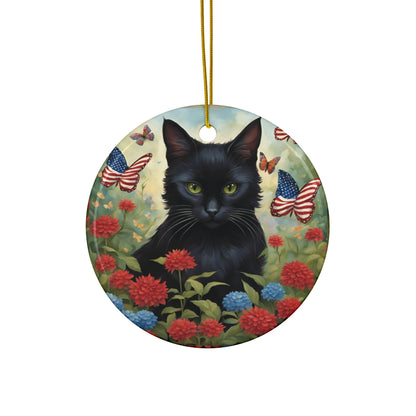 Black Cat Patriotic Ceramic Ornaments, 2-Sided Print, Holiday Decor, Gift for Cat Lovers, Memorial Decoration, Festive Home Accents