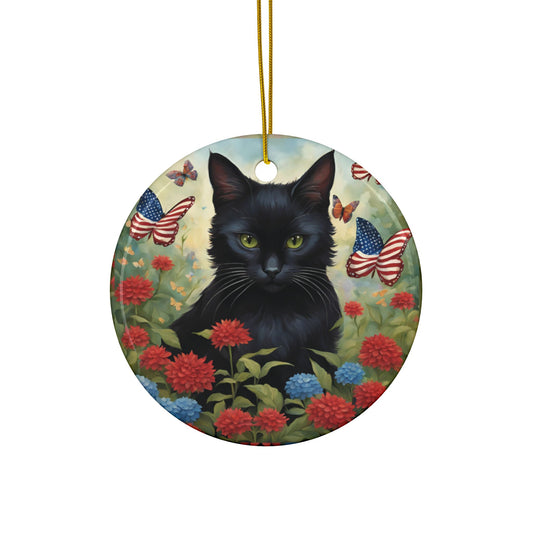 Black Cat Patriotic Ceramic Ornaments, 2-Sided Print, Holiday Decor, Gift for Cat Lovers, Memorial Decoration, Festive Home Accents