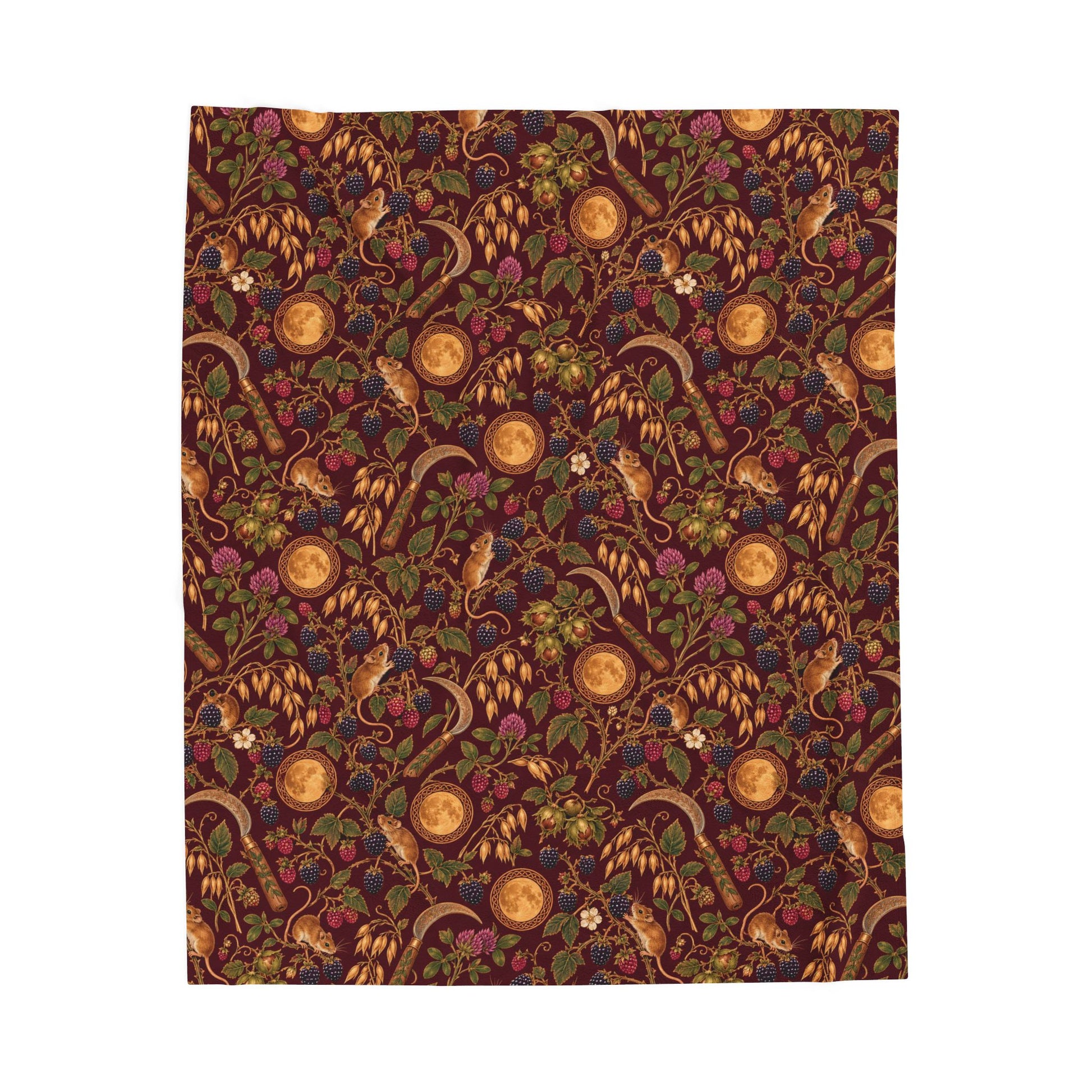 Lughnasadh Harvest Mouse Velveteen Plush Blanket – Lightweight Blackberry & Moon Throw - Divine Mystic Moons
