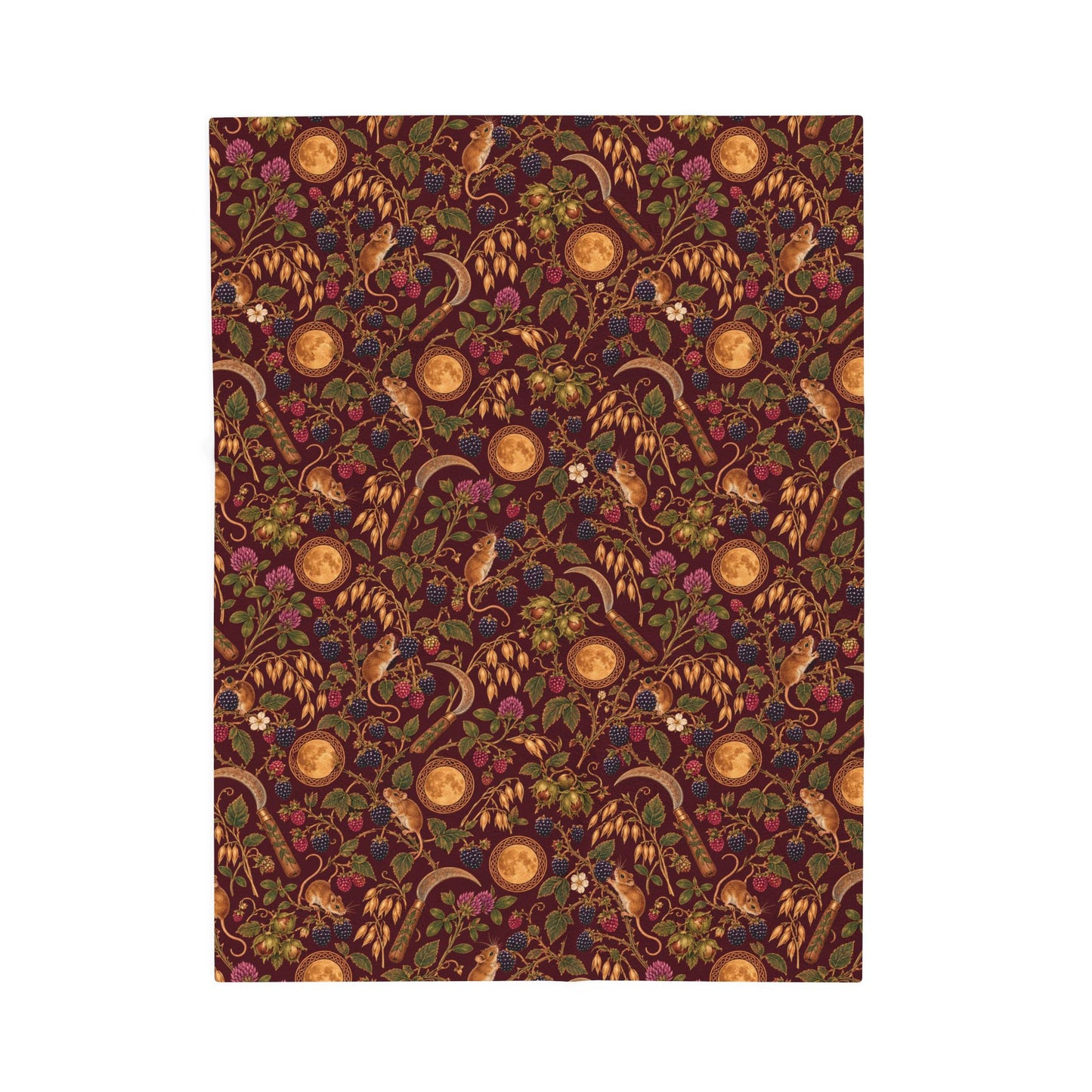 Lughnasadh Harvest Mouse Velveteen Plush Blanket – Lightweight Blackberry & Moon Throw - Divine Mystic Moons