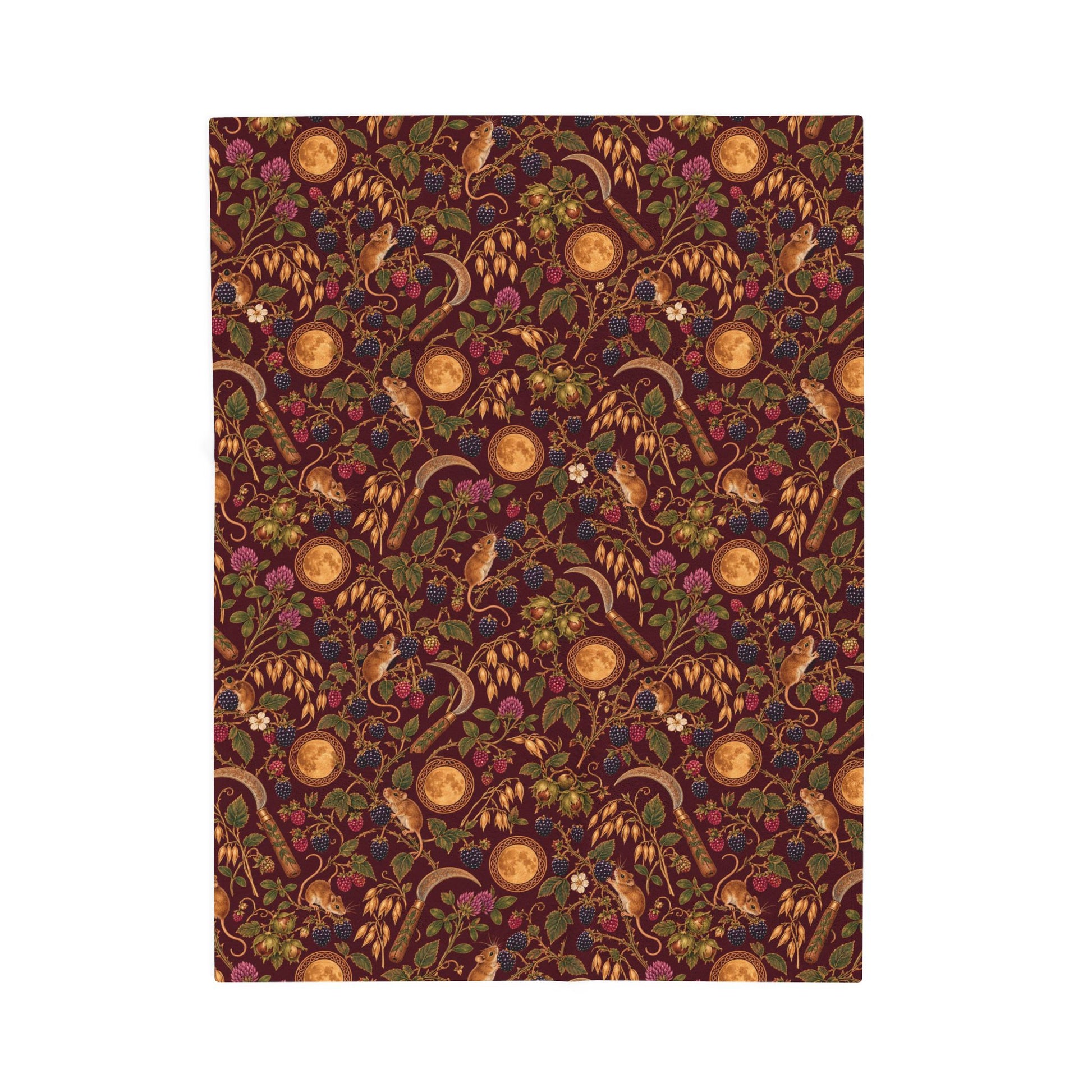 Lughnasadh Harvest Mouse Velveteen Plush Blanket – Lightweight Blackberry & Moon Throw - Divine Mystic Moons