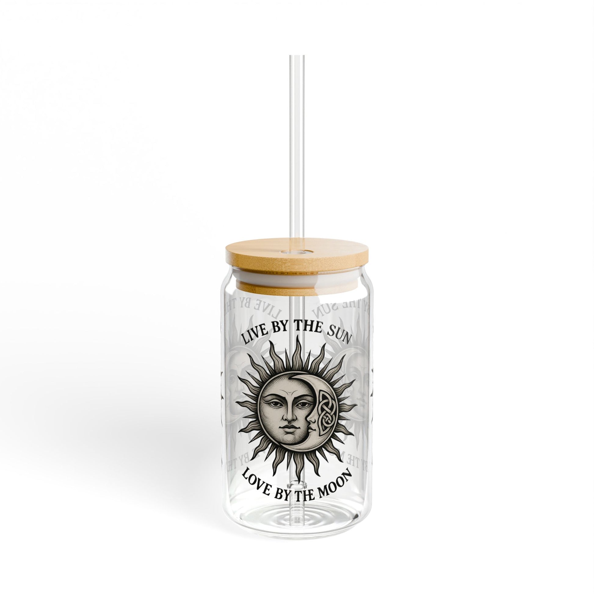 Live by the Sun Love by the Moon Glass Tumbler  16oz Iced Coffee Cup with Bamboo Lid & Straw, Celestial Witchy Drinkware - Divine Mystic Moons