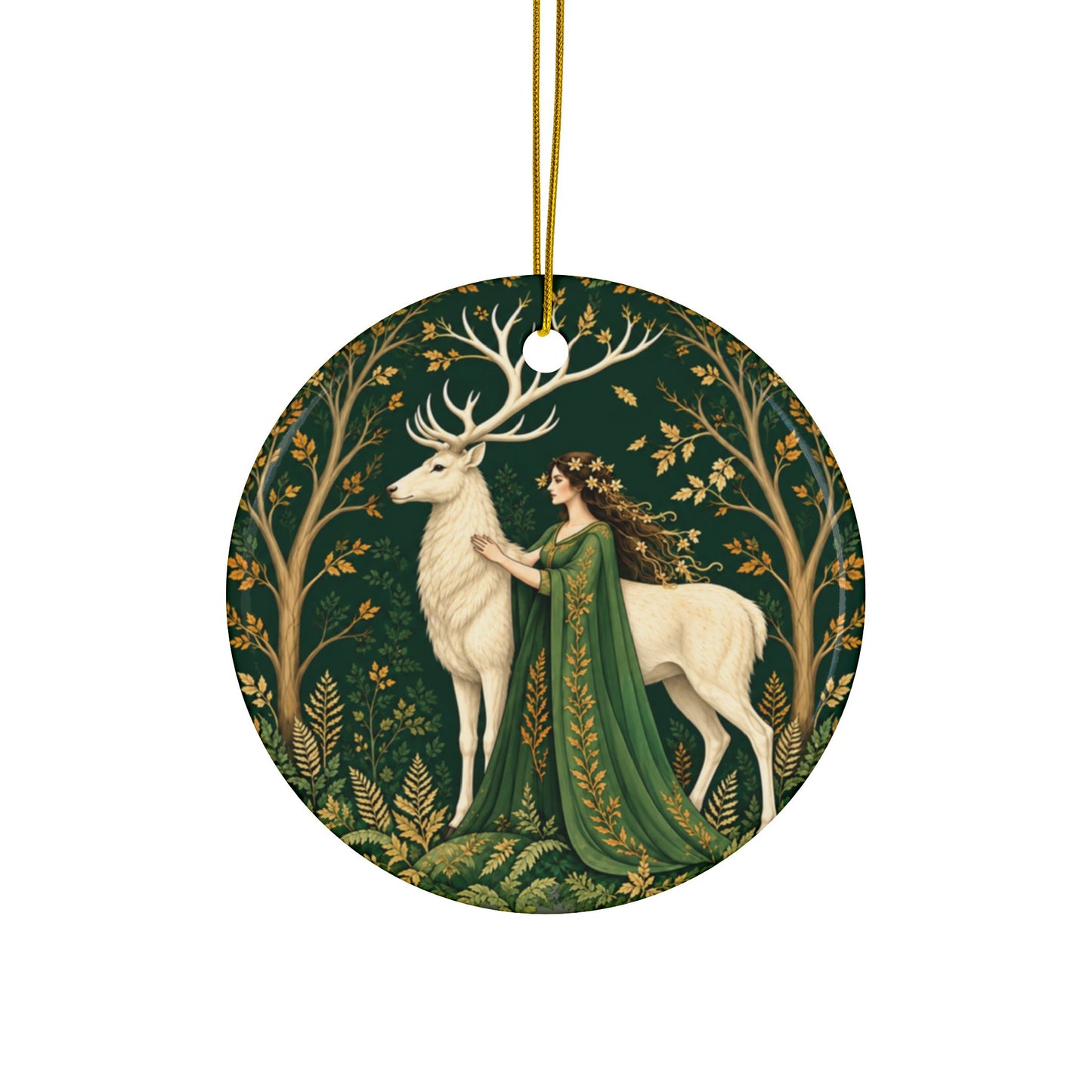 White Stag & Woodland Maiden Green Witch Ornament