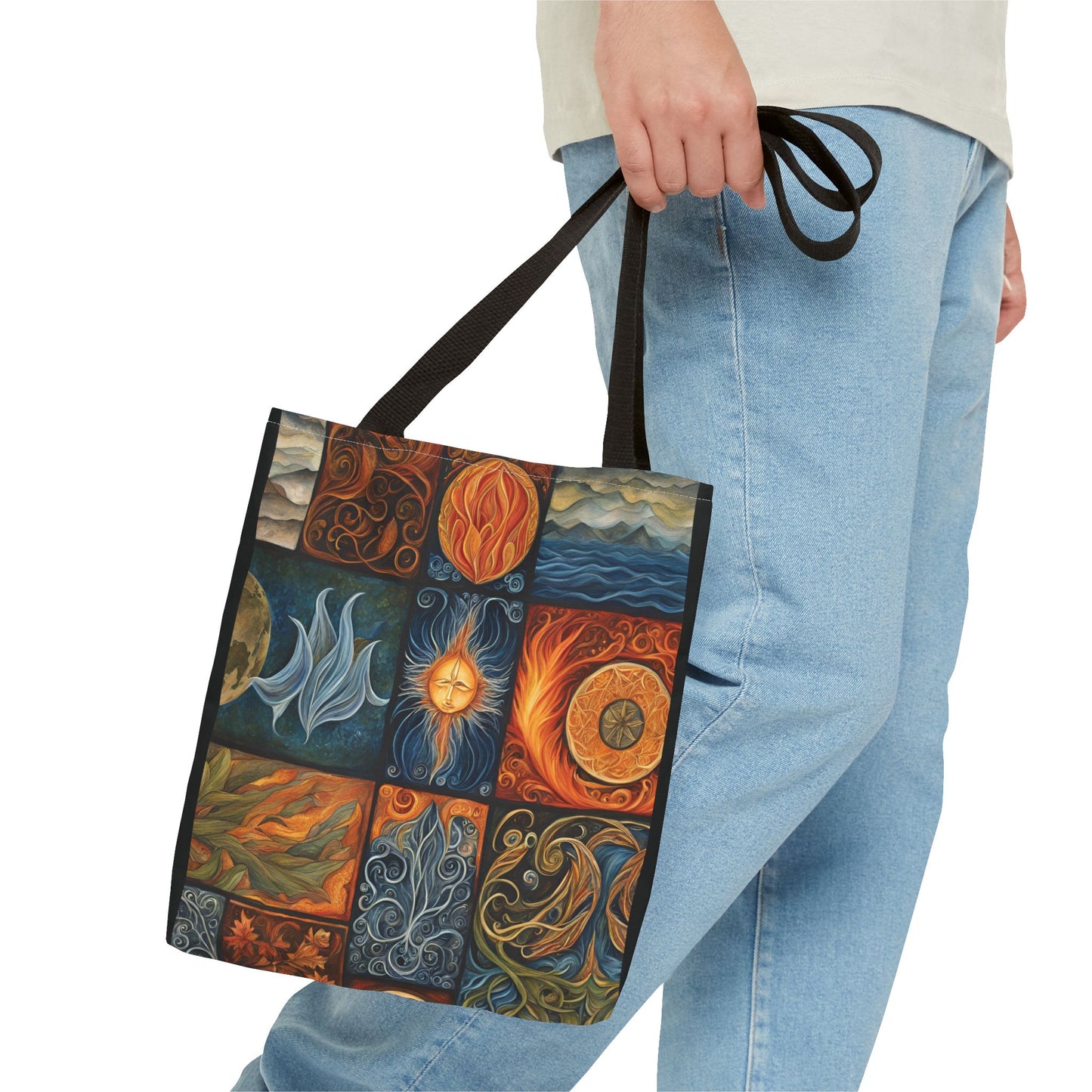 Elemental Tote Bag - Earth Wind Fire Water Design, Eco-Friendly Grocery Bag, Reusable Shopping Tote, Nature Lover Gift, Eco Tote, Elemental - Divine Mystic Moons