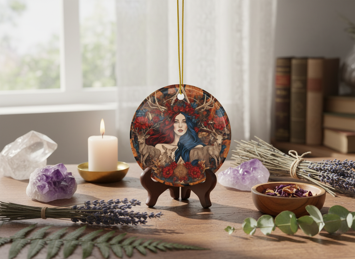 Woodland Stag Goddess Ceramic Ornament (Double‑Sided) - Divine Mystic Moons