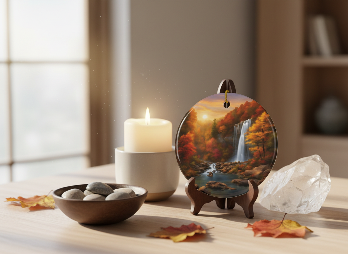 Autumn Waterfall Ceramic Ornament (Double‑Sided) - Divine Mystic Moons