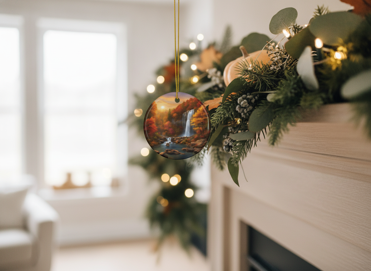 Autumn Waterfall Ceramic Ornament (Double‑Sided) - Divine Mystic Moons