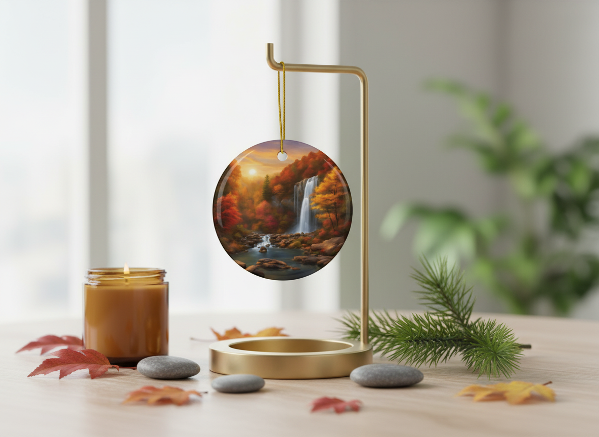 Autumn Waterfall Ceramic Ornament (Double‑Sided) - Divine Mystic Moons