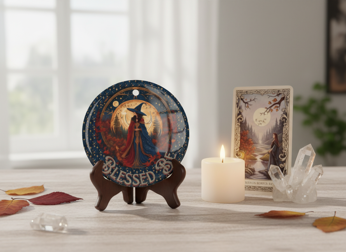 Blessed Witch Moon & Stars Ceramic Ornament (Double‑Sided) - Divine Mystic Moons