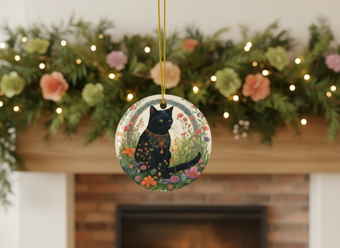 Floral Familiar Black Cat Ceramic Ornament (Double‑Sided) - Divine Mystic Moons