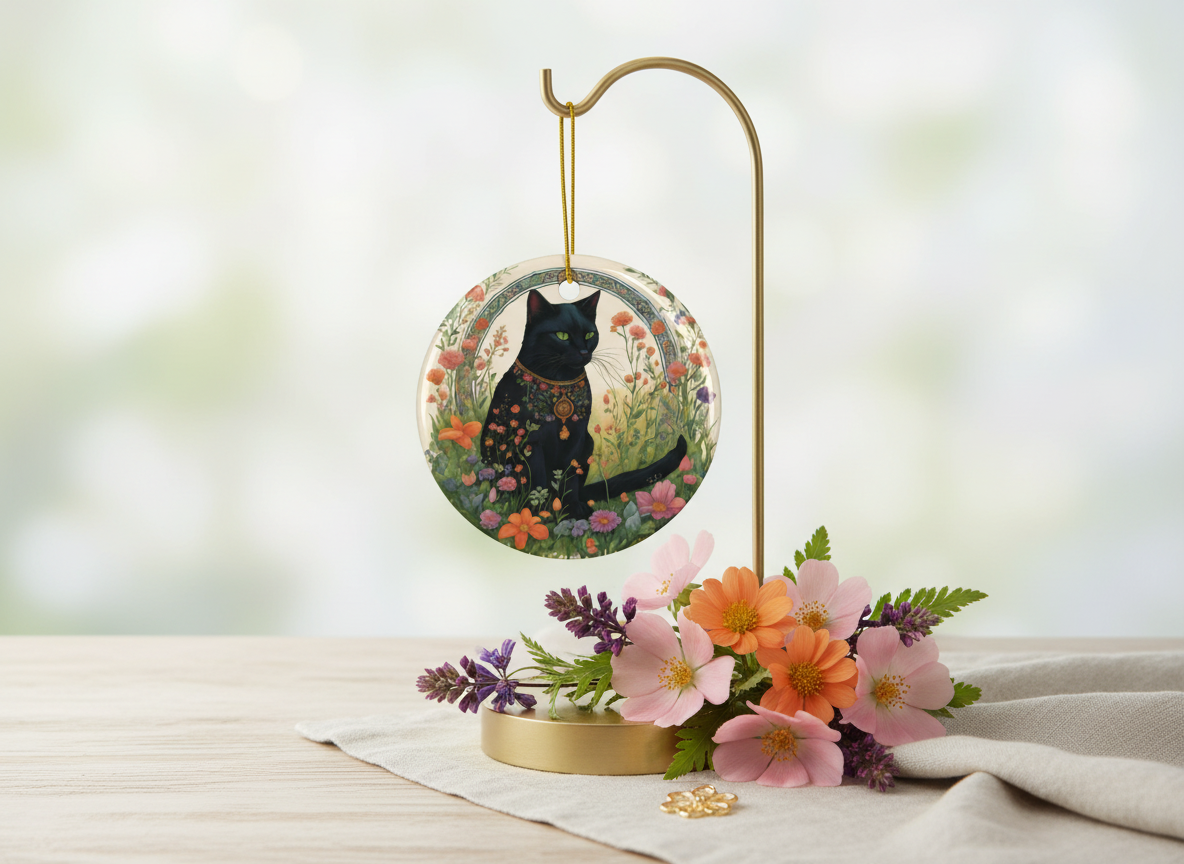 Floral Familiar Black Cat Ceramic Ornament (Double‑Sided) - Divine Mystic Moons