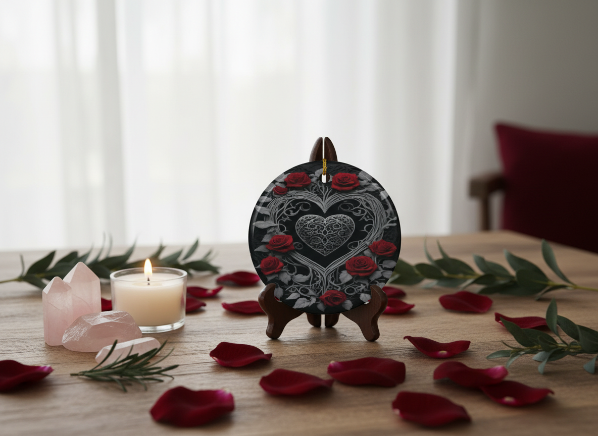 Gothic Heart & Roses Ceramic Ornament (Double‑Sided) - Divine Mystic Moons