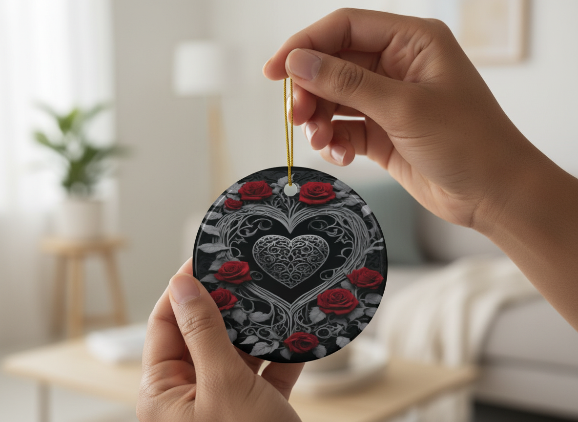 Gothic Heart & Roses Ceramic Ornament (Double‑Sided) - Divine Mystic Moons