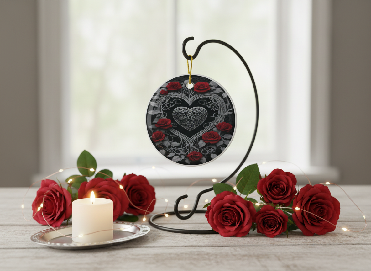 Gothic Heart & Roses Ceramic Ornament (Double‑Sided) - Divine Mystic Moons