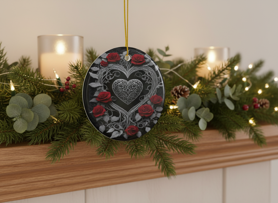 Gothic Heart & Roses Ceramic Ornament (Double‑Sided) - Divine Mystic Moons