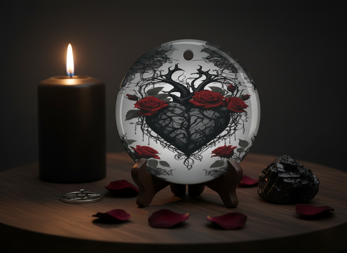 Gothic Thorned Heart & Red Roses Ceramic Ornament (Double‑Sided) - Divine Mystic Moons
