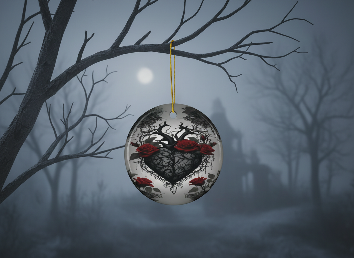 Gothic Thorned Heart & Red Roses Ceramic Ornament (Double‑Sided) - Divine Mystic Moons