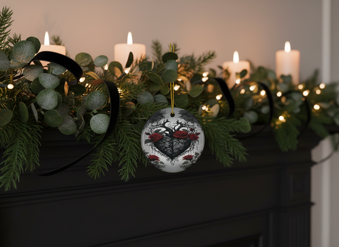 Gothic Thorned Heart & Red Roses Ceramic Ornament (Double‑Sided) - Divine Mystic Moons