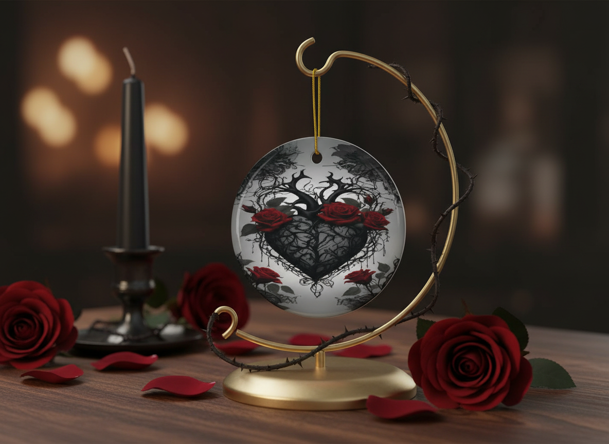 Gothic Thorned Heart & Red Roses Ceramic Ornament (Double‑Sided) - Divine Mystic Moons