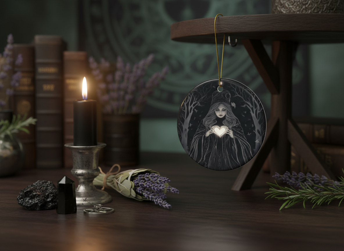 Gothic Witch & Glowing Heart Ceramic Ornament (Double‑Sided) - Divine Mystic Moons
